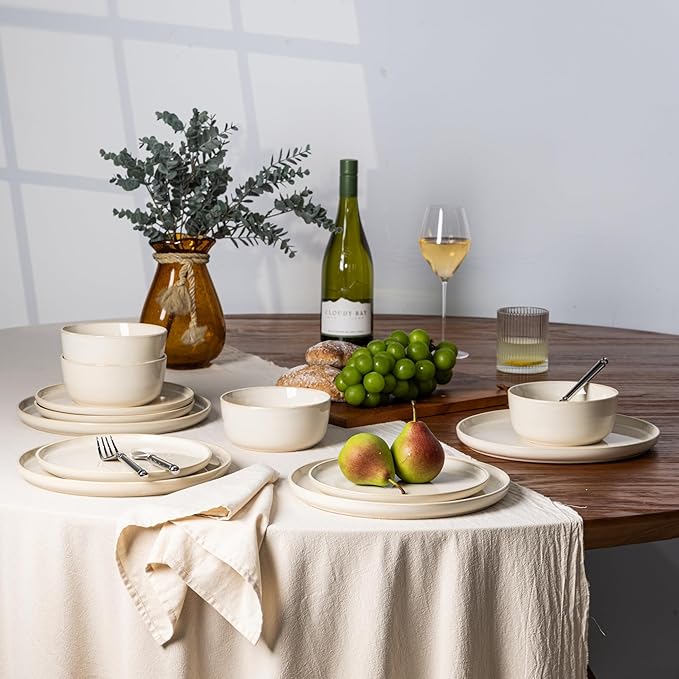 GBHOME Ceramic Dinnerware Sets for 4, 12 Pieces Stoneware Plates and Bowls Sets, Scratch Resistant Dishes, Dishwasher & Microwave Safe, Reactive Glaze-Vanilla color-Ruum Studio Home