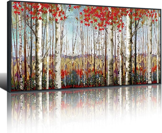 Mofutinpo Large Framed Wall Decor canvas Red Leaves White Birch Tree Wall Art For Living Room bedroom rustic kitchen Modern painting Artwork 29x58 Large Size Black Framed-Ruum Studio Home
