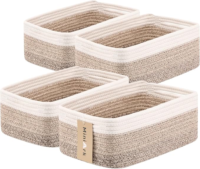 Small Storage Baskets for Organizing | Closet Organizer Bins | Shelf Toy Basket | Woven Rope Baskets | Cube Decorative Box | Shallow Basket | 13x8.5x5.1” | 4 Packs Gradient Brown-Ruum Studio Home