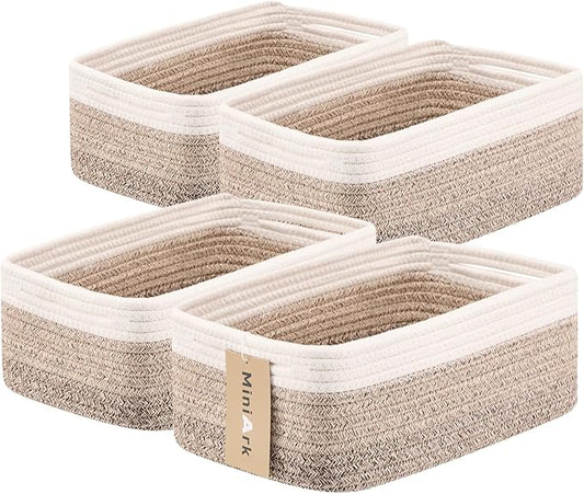 Small Storage Baskets for Organizing | Closet Organizer Bins | Shelf Toy Basket | Woven Rope Baskets | Cube Decorative Box | Shallow Basket | 13x8.5x5.1” | 4 Packs Gradient Brown-Ruum Studio Home