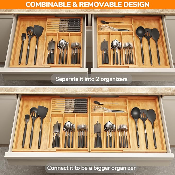 BAMEOS Expandable Silverware Drawer Organizer with Removable Knife Blocks, Bamboo Kitchen Utensil Holder from 21" to 36", Large Cutlery Tray with Divider for Forks, Spoons, Knives-Ruum Studio Home