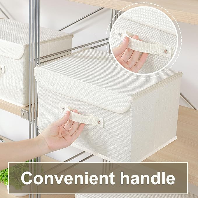 Storage Boxes, Collapsible Storage Bins with Lids, Cotton and linen cloth Storage Baskets with Handle, for Books, Closet, Bedroom, Home, 13x9.1x7.9 in, Beige-Ruum Studio Home