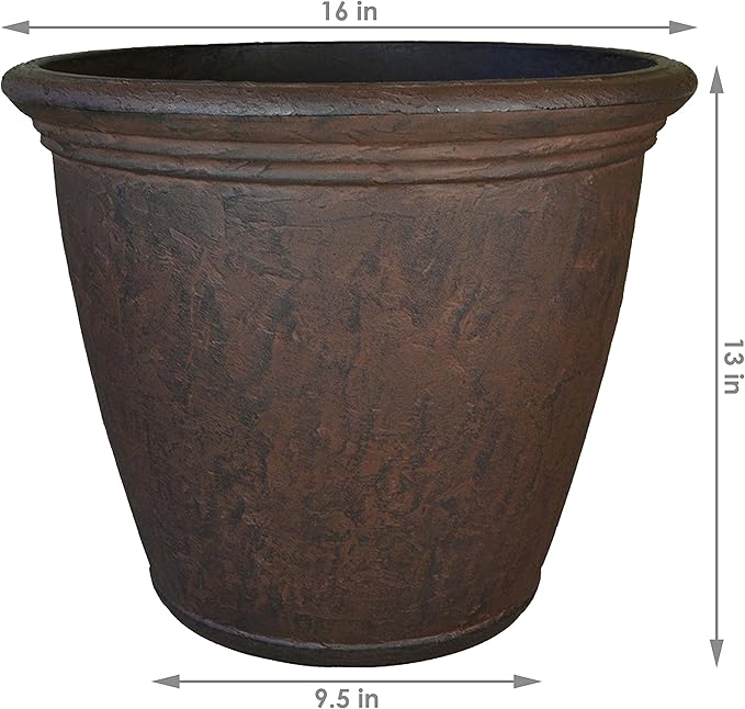 Sunnydaze 15.25-Inch Anjelica Large Plastic Pot for Plants - Outdoor Polyresin Round Planter with Drillable Drainage Holes - Rust-Ruum Studio Home