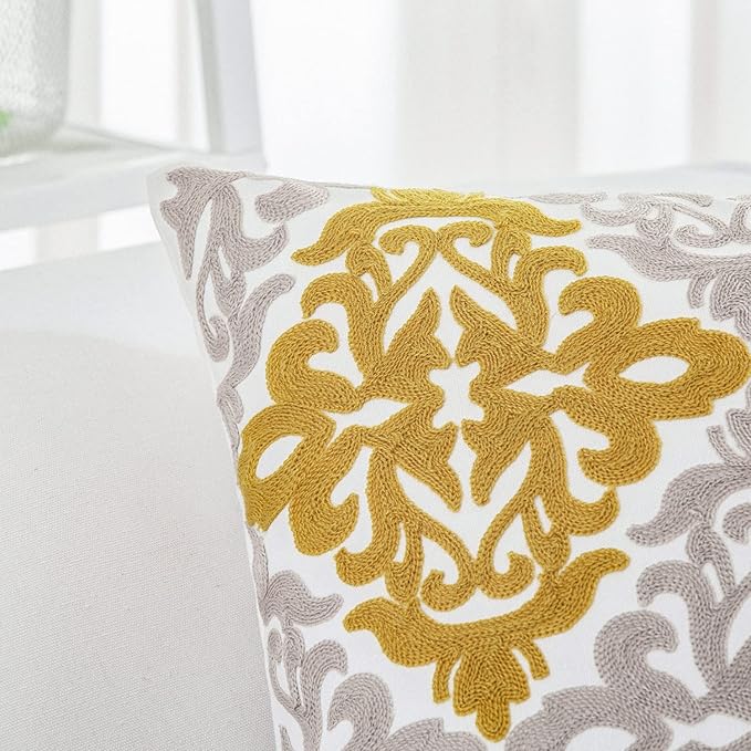 HWY 50 Mustard Yellow Decorative Throw Pillow Covers 18x18 Inch, Pack of 2 Embroidered Cotton Farmhouse Cushion Cover Pillow Case for Sofa Couch Living Room Bed Bedroon, Accent Geometric-Ruum Studio Home
