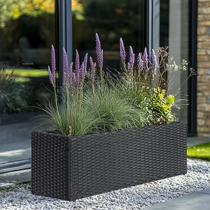 LEWIS&WAYNE Large Rectangular Block Planter Box Handmade Wicker Tall Planters for Outdoor Plants with Removable Liners Modern Planter for Indoor Outdoor Patio Deck - Black, 30''x12''x16''-Ruum Studio Home