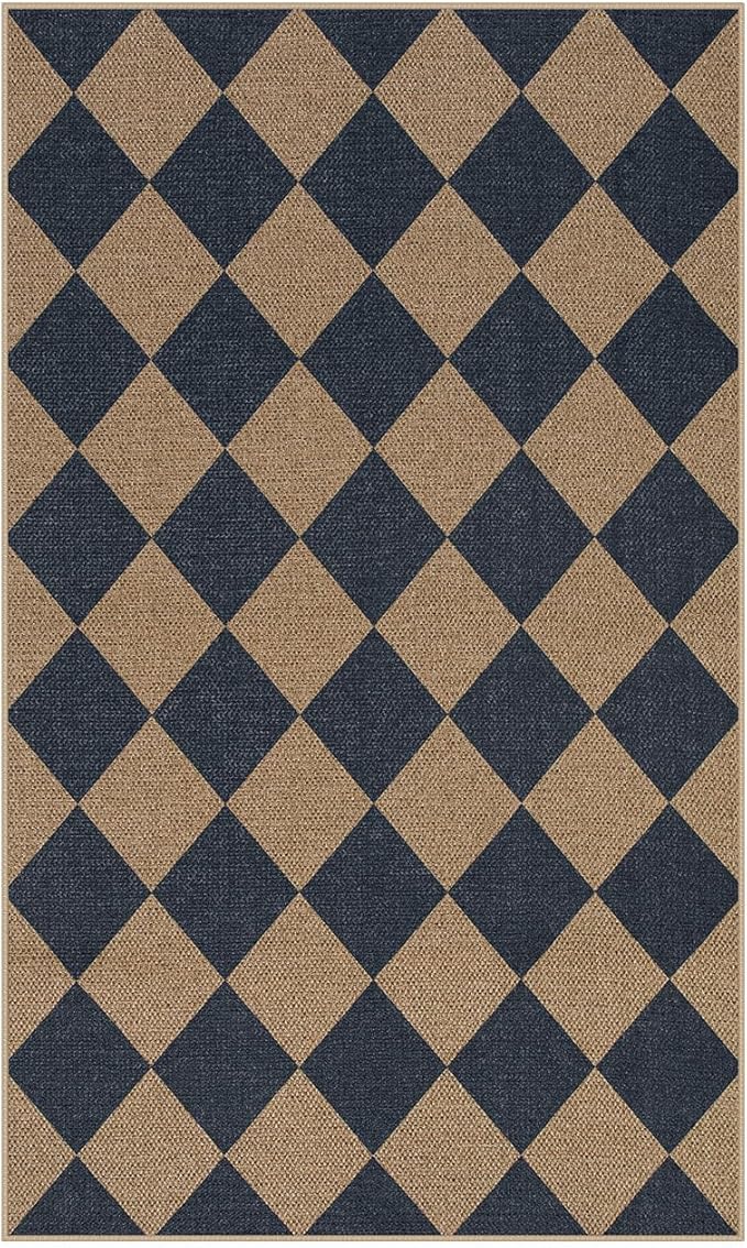Lahome Checkered Easy Jute Entryway Rug, 3x5 Washable Area Rugs for Living Room Outdoor Patio, Non Slip Blue Indoor Door Mat Checkerboard Throw Carpet for Entry Front Door Guestroom Deck-Ruum Studio Home