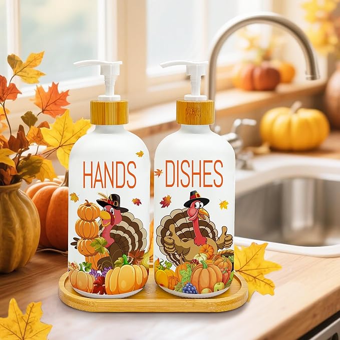 Hexagram Thanksgiving Decorations Indoor, Thanksgiving Kitchen Soap Dispenser Set of 2, Turkey Glass Soap Dispenser for Home Decor, Turkey Refillable Lotion Essential Oil Dispensers with Pump-Ruum Studio Home