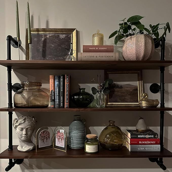 Industrial Pipe Wall Shelves Pipe Shelving with Real Wood Plank ,48 Inches Floating Shelves for Wall Farmhouse Pipe Book Shelves Dark Brown 3 Tier for Kitchen,Living Room Decor and Bar Shelving-Ruum Studio Home