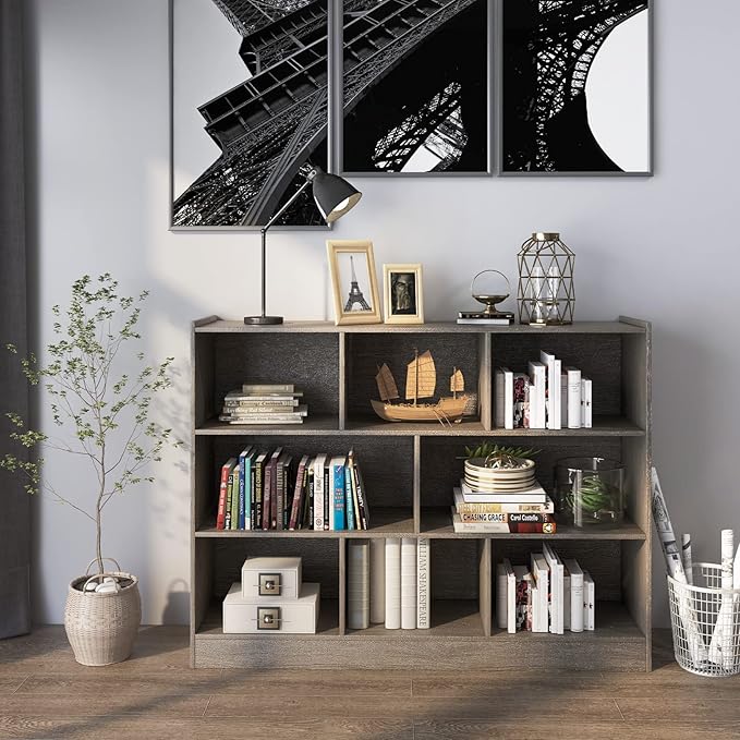 Tangkula 8-Cube Bookcase, Wood 3 Tier Open Storage Bookshelf, Modern Multipurpose Display Cabinet for Living Room, Study, Reading Nook, 48 x 12.5 x 36.5 Inch, Grey-Ruum Studio Home
