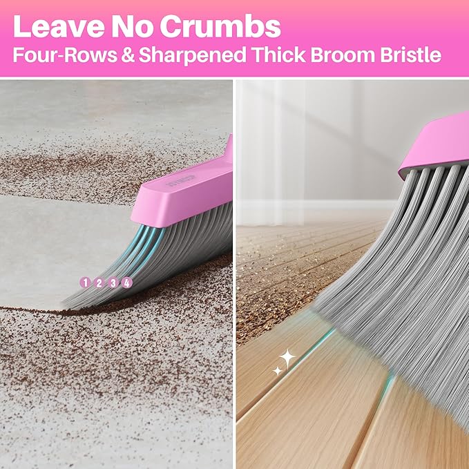 JOYMOOP Pink Broom and Dustpan Set with 56” Handle, Upright Angle with Built-in Comb Teeth for Hardwood Floors and Pet Hair-Ruum Studio Home