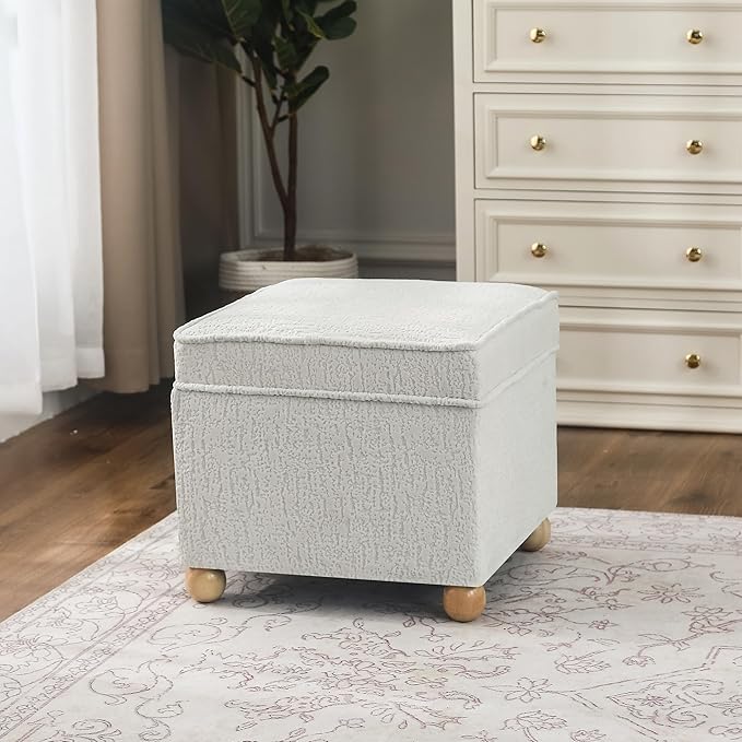 Adeco 17 Inch High Faux Fur White Cube Ottoman Storage, 3D Embossed Velvet Chair Foot Stools, Upholstered Vanity Stool with Hinged Lid, Solid Round Wood Legs-Ruum Studio Home