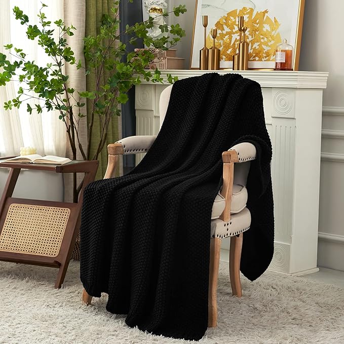 Longhui bedding Chunky Cable Knit Throw Blanket Lightweight Black 100% Organic Cotton Blanket for Sofa Couch Bed Baby Nursery, Rustic Shabby Chic Modern Farmhouse, 60” x 80” Give Laundering Bag-Ruum Studio Home