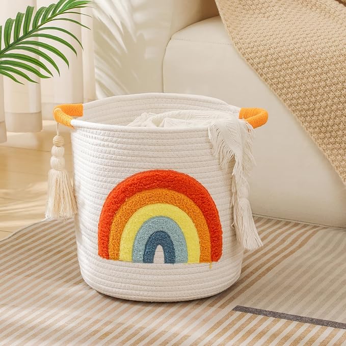 INough Toy Storage Baskets Woven Cotton Rope Storage Basket Kids Blanket Baskets for Living Room, Toys Organizer with Embroidery Colorful Rainbow Decor, Baby Basket for Laundry Nursery (Boho Rainbow)-Ruum Studio Home
