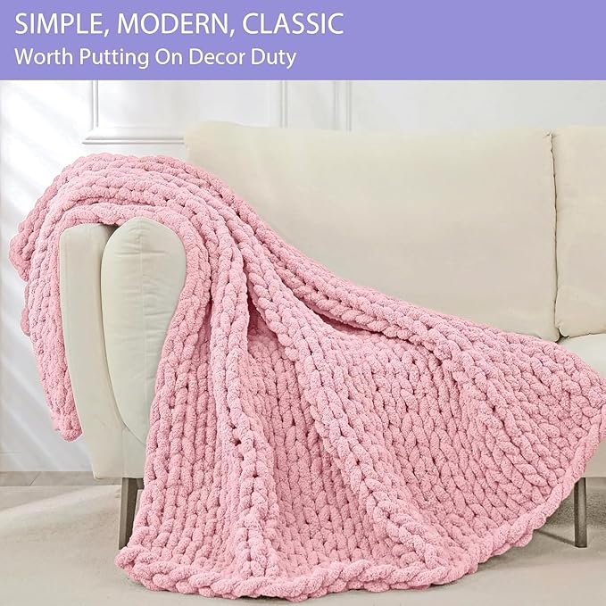 Bigacogo Chunky Knit Throw Blanket for Couch, 40x80 inches, 100% Hand Knitted with Thick Jumbo Chenille Yarn, Cozy Soft Large Rope Knot Cable Crochet Blankets for Sofa Bed Living Room, Blush Pink-Ruum Studio Home