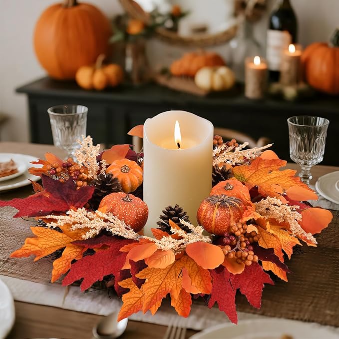 20 Inch Thanksgiving Fall Wreath, Berries Pumpkins Maple Leaves Pine Cones Autumn Wreaths with Hook for Front Door, Fall Decor, Porch Wall Home Outdoor Holiday Decorations Wreath for Autumn-Ruum Studio Home