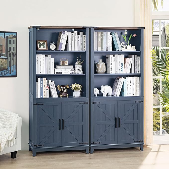 70in Tall Bookshelf 5 Tier Bookcase with Barn Doors and Adjustable Shelves, Blue Farmhouse Book Shelf with Storage Cabinet, Wood Freestanding Display Bookshelves for Bedroom, Kitchen (2PCS)-Ruum Studio Home