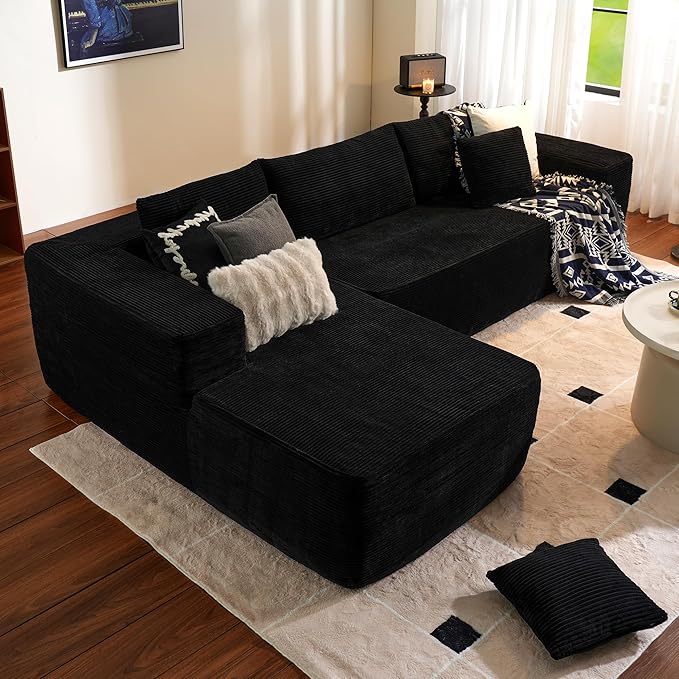 ovios 104" Cloud Sectional Couch with L-Shape Chaise,Modern Modular Sofa with Deep Seat, Upholstered Couches for Living Room Bedroom,No Assembly Required, Black (Corduroy Fabric)-Ruum Studio Home
