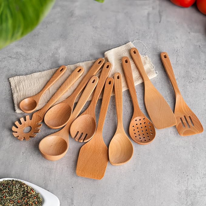 11 PCS WOSPONFAN Kitchen Utensils Set - Wooden Spoons for Cooking, Natural Beech Wood Wooden Utensils - Includes Wooden Spoons, Spatula Set, Slotted Spoon - Handmade Wooden Spoon Set-Ruum Studio Home