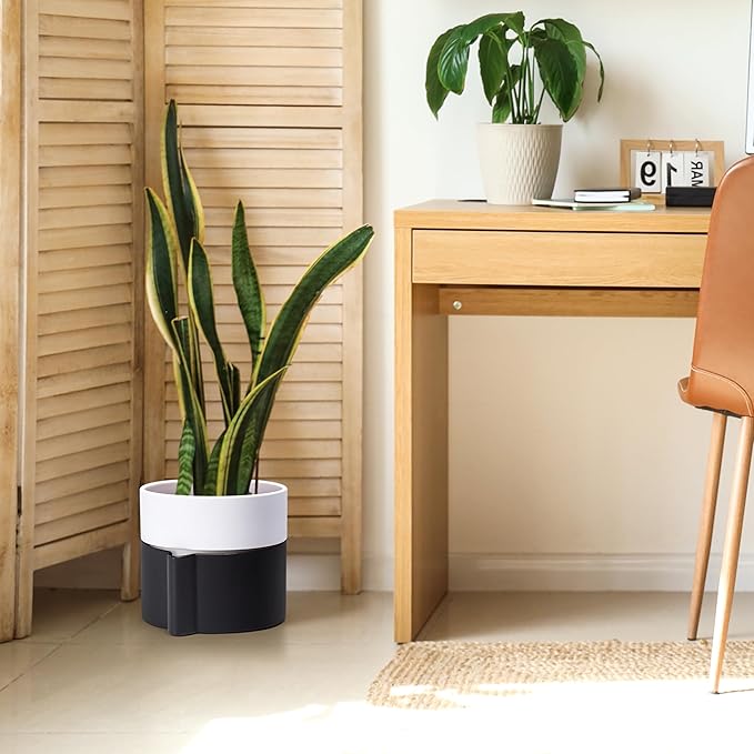 8 Inch Self-Watering Planter Pot with Terracotta Insert, Deep Water Reservoir, and Ceramic-Alike BPA-Free Plastic Planter Pot for Plant, Modern Planter for Houseplants, Black/White, 53-C-T-7-Ruum Studio Home