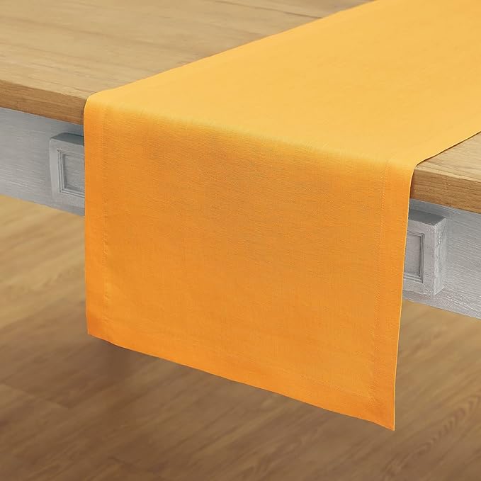 Solino Home Linen Table Runner 108 Inches Long - 100% Pure Linen Tangerine Yellow Dining Table Runner 14 x 108 Inch - Fete-Ruum Studio Home