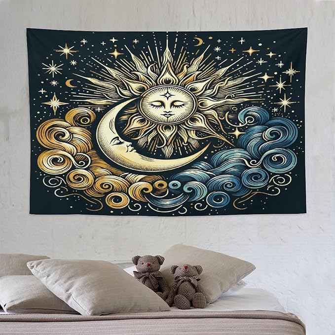 HZOHNAGO Sun Moon Tapestry Boho Golden Stars Pattern Printed Wall Tapestry Wall Hanging for Bedroom Living Room Dorm 90" W x 60" H-Ruum Studio Home