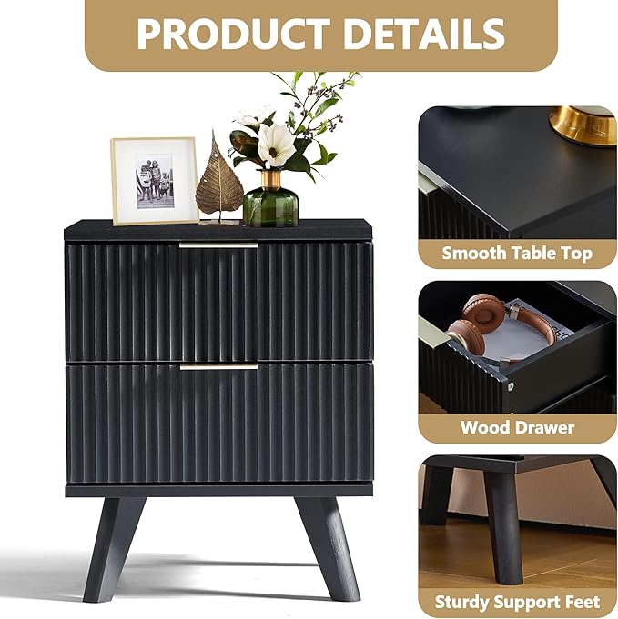Fluted Nightstand Set of 2, Mid Century Modern 2 Drawer Dresser for Bedroom, Small Dresser Night Stand Side Table End Table with Wood Fluted Drawer Storage for Bedroom Closet(Black)-Ruum Studio Home