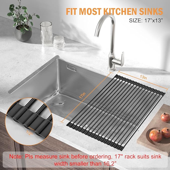 LEMIKKLE Roll Up Dish Drying Rack 17" x 13", Over The Sink Dish Drainer Rack, Foldable Sink Drying Rack, Anti-Slip Silicone Wrapped Dish Drainer for Kitchen Counter (Black)-Ruum Studio Home