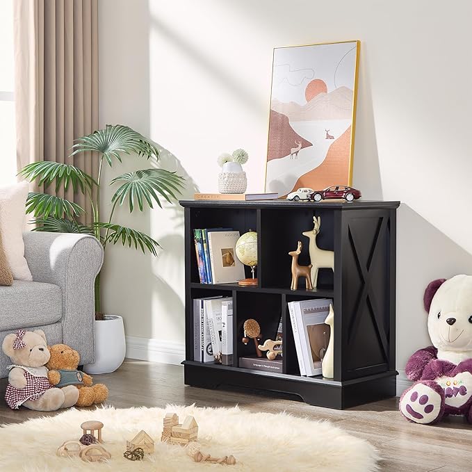 Farmhouse 5 Cube Bookshelf, Black Storage Organizer Bookcase, Kids Toy Storage Cabinet, Small Bookshelves Storage Organizer Shelf, Wood Display Cabinet Book Shelves for Bedroom,Living Room,Office-Ruum Studio Home