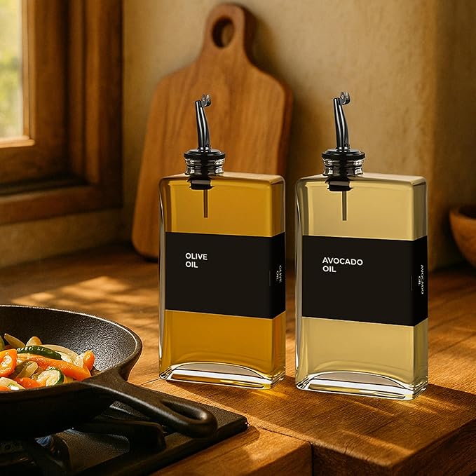 Olive Oil Dispenser Bottle - Includes 44 Kitchen Essential Labels - Cooking Oil Bottles for Kitchen, Coffee Syrup Dispenser - Pourer Spout with 11.8 fl oz Glass Container Cruet - 2pcs, Black