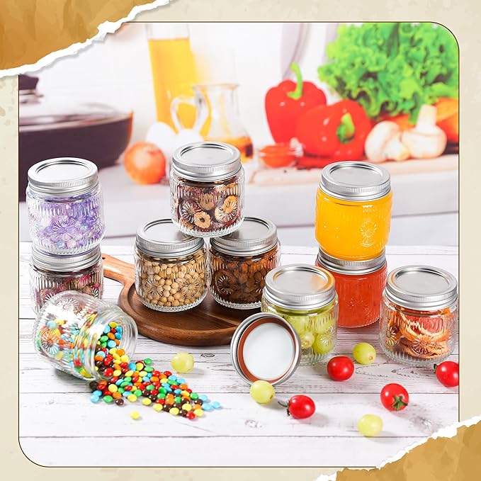 Mason Jars 8 oz - Vintage Small Glass Mason Jars with Silver Metal Lids, Regular Mouth Canning Jars, Safe For Storage, Canning, Pickling, Preserving, Fermenting, DIY Crafts & Decor (12Pack)-Ruum Studio Home