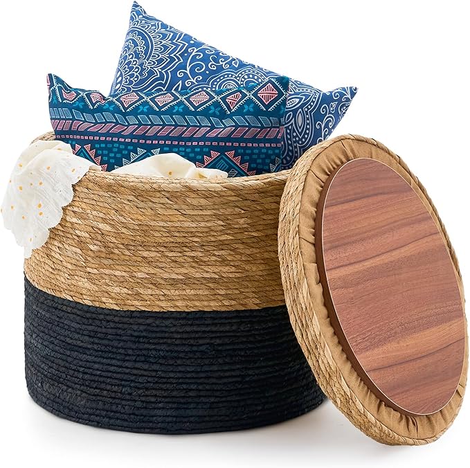 Wimarsbon 18'' Ottoman Pouf, Natural Braided Poof, Rustic Handweave Lounge Pouffe, Boho Footrest Stool for Bedroom, Accent Table for Living Room (Storage - 18inch Cattail+Black Corn Husk L)-Ruum Studio Home