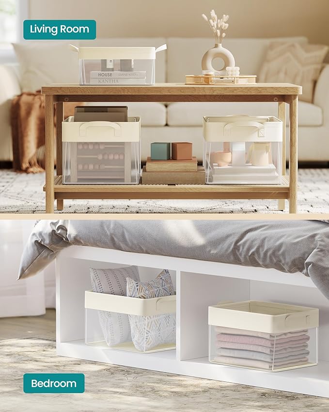 SONGMICS ClosetOrganizers Set of 3, Medium Fabric Storage Baskets, Foldable Organizer with Transparent Nylon Mesh, 15.7 x 11.8 x 9.8 Inches, Handles, for Bedroom, Living Room, Cream White URFB940W01-Ruum Studio Home