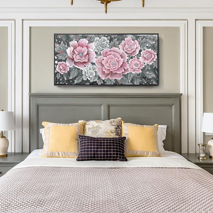 Large Pink Wall Art for Living Room- Pink and Black Peony Floral Canvas Wall Art Modern Framed Moody Black and White Wall Picture Flower Artwork Decor for Bedroom Dining Room Office 48x24-Ruum Studio Home