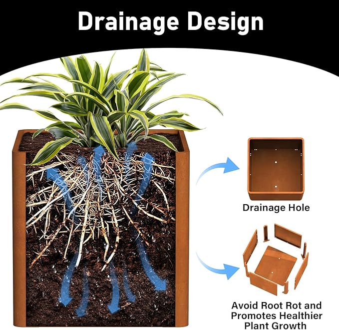 Corten Steel Planter Box 24"x24"x25", Large Square Metal Planter Indoor&Outdoor, Large Cube Planters with Drainage Hole for Porch/Patio/Garden-Ruum Studio Home