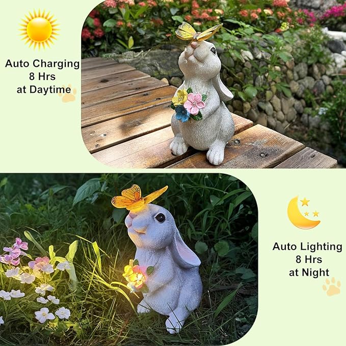 YODY Solar Garden Statues Outdoor Decor- Yard Decorations for Patio, Balcony, Backyard, Lawn Ornaments - Rabbit Figurines with LED Light- Unique Birthday House Warming Gifts for Women, Mom, Grandma-Ruum Studio Home