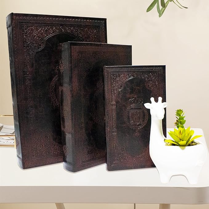 Decorative Book Box Set of 3,Vintage Style Book Shaped Storage Box,Leather Decorative Wooden Trinket Jewelry Books Boxes with Antique Embossed Pattern,Mother's Day/Graduation /Birthday Gift Idea-Ruum Studio Home