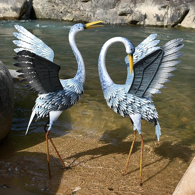 24-27 Inch Standing Crane Garden Sculptures & Statues, Crane Metal Yard Art for Backyard, Lawn, Patio, Porch, Birthday, Wedding Decorations, Gray-Ruum Studio Home