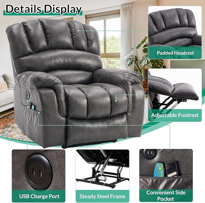 VIVIJASON Large Dual OKIN Motor Lay Flat Sleeper Lift Recliner Chair with Heat & Massage for Elderly, Infinite Position Electric Power Recliner with 2 Remote Controls, Side Pockets & USB Ports, Gray-Ruum Studio Home