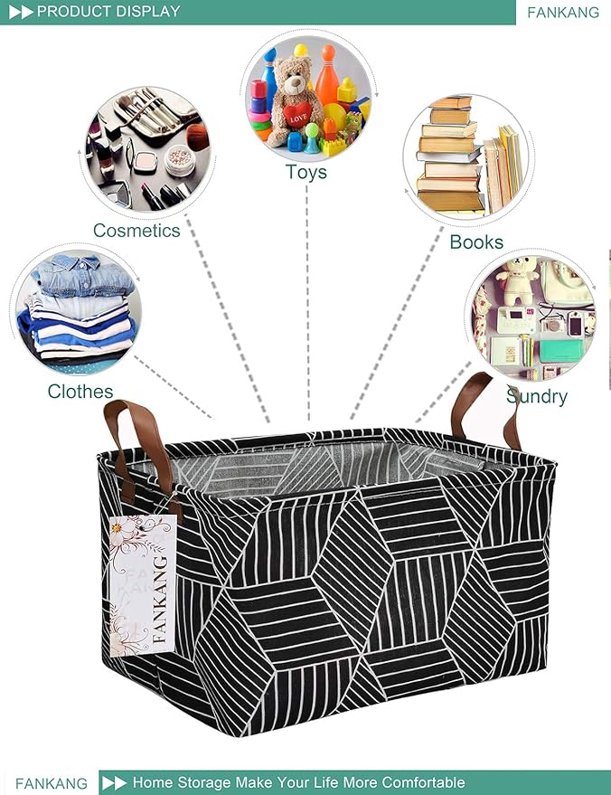 FANKANG Storage Basket,Nursery Hamper Canvas Laundry Basket Foldable with Waterproof PE Coating Storage, Office, Bedroom, Clothes,Toys (Rec-Black Cube)-Ruum Studio Home