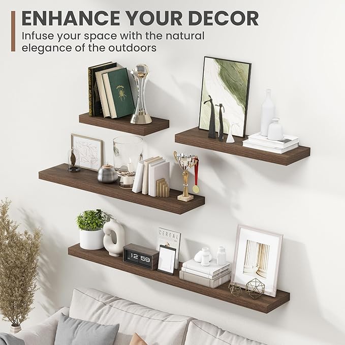 30 Inch Floating Shelves, 8 Inch Deep Floating Shelves for Wall, Hanging Shelf with Invisible Brackets, Deep Shelves for Bathroom, Bedroom, Living Room, Walnut, Set of 2-Ruum Studio Home
