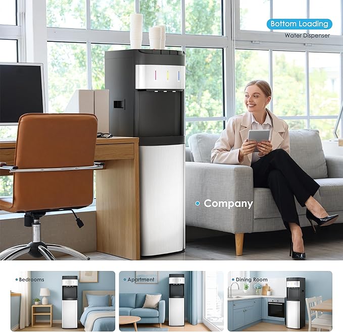 Euhomy Bottom Loading Water Cooler for 5 Gallons, 3 Temperature Settings-Cold/Hot/Warm, Child Safety Lock, Water Dispenser for Apartments, Schools, Companies, Black+Sliver-Ruum Studio Home
