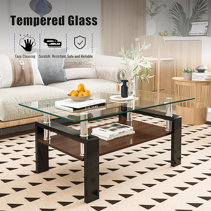 Tempered Glass Coffee Table Rectangle Living Room Center Table, with 39" Clear Top and Brown MDF Layer Black Metal Leg, for Small Space Apartment, Transparent+Brown-Ruum Studio Home