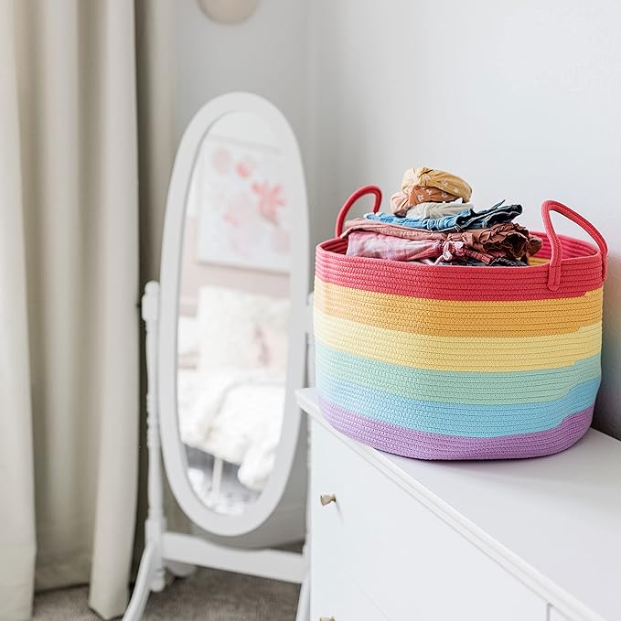 OrganiHaus Large Blanket Basket for Living Room 20x13, Rainbow Rope Basket for Classroom Organization, Toy Storage Basket, Woven Kids Laundry Basket, Baby Toy Box, Cute Storage Basket, Nursery Hamper-Ruum Studio Home
