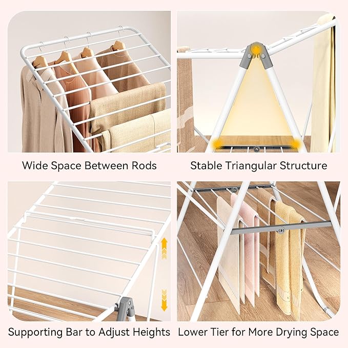 APEXCHASER Clothes Drying Rack, Foldable Drying Rack Clothing, Sturdy Metal Laundry Drying Rack, Height-Adjustable Gullwing, Easy to Fold, Space-Saving, for Indoor Outdoor, White-Ruum Studio Home
