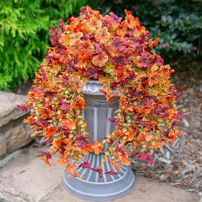 INSPRING Fake Autumn Flowers for Outdoors, 2Pcs Artificial Fall Light Orange & Brown Daisy Outside Decor, Fake Hanging Decoration, Realistic Plants, Silk Flower for Porch Patio Balcony Planter-Ruum Studio Home