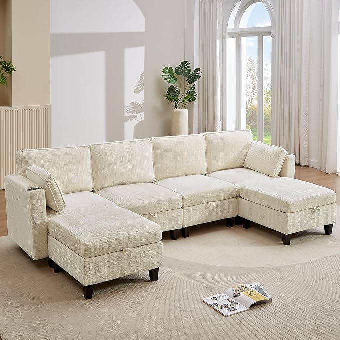 110" Modular Sectional Sofa, Convertible Sleeper Sofa Couch Bed with Adjustable Backrest, U-Shaped Chenille Cloud Couch with Ottoman Storage, Deep Seat Couches for Living Room,Beige-Ruum Studio Home