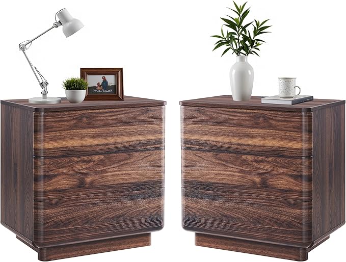 JXQTLINGMU 22" Modern Nightstand Set of 2 with Charging Station, Large Push-to-Open End Table, Wood Bedside Table, Curved Profile, Handleless 3 Drawer Night Stand for Bedroom, Living Room, Brown-Ruum Studio Home
