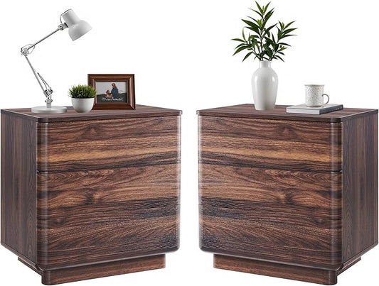 JXQTLINGMU 22" Modern Nightstand Set of 2 with Charging Station, Large Push-to-Open End Table, Wood Bedside Table, Curved Profile, Handleless 3 Drawer Night Stand for Bedroom, Living Room, Brown-Ruum Studio Home