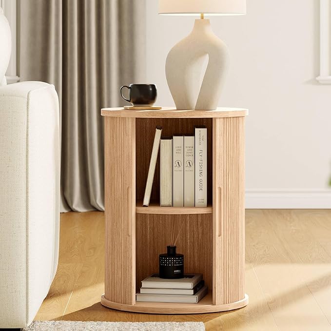 LINSY HOME Round Fluted End Table, Tall Side Table with Sliding Tambour Door and Storage Shelf, Modern Bedside Table, Mid-Century Nightstand for Living Room, Bedroom, Oak-Ruum Studio Home