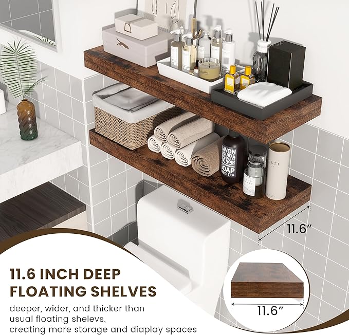 Deep Floating Shelves, 12 Inch Deep Rustic Floating Shelves for Wall Set of 2, 36W x 12D Large Wood Shelves for Living Room Bathroom Laundry Room Bedroom Kitchen Home Office - Rustic Brown-Ruum Studio Home
